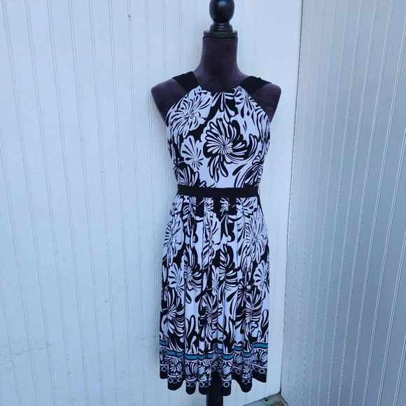Sandra Darren Dress Black White Teal Halter Sleeveless Stretch Tie Pleated 10P - Picture 1 of 13